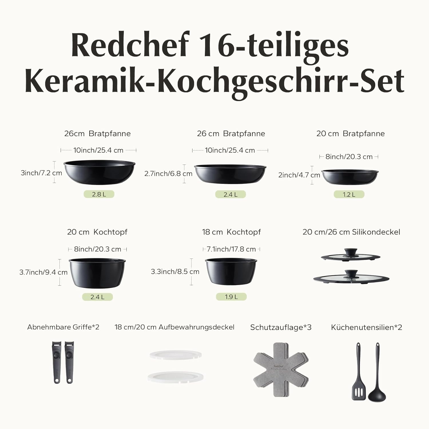 Redchef Topfsets Pfannenset, 16-Teilig mit Abnehmbaren Griffen, Antihaft-Keramik-Kochgeschirr-Set, Pfanne 20+26cm, Tiefe Bratpfanne 26cm, Topf 18+20cm, Stapelbar Topfset Für alle Herdarten, Ofenfest