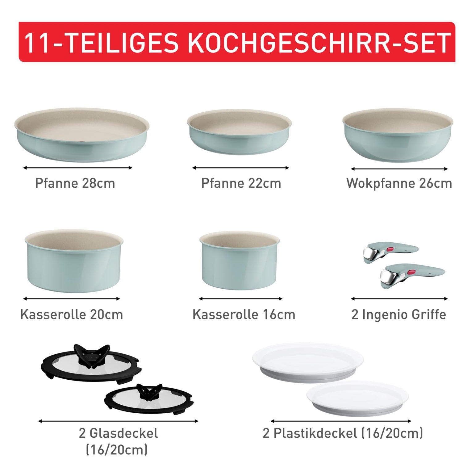 Tefal Ingenio Serenity Kochgeschirr-Set 11-teilig – stapelbar und platzsparendes Set aus Aluminium, Mineralia Antihaftversiegelung, abnehmbarer Griff, für alle Herdarten inkl. Induktion, Eucalyptus