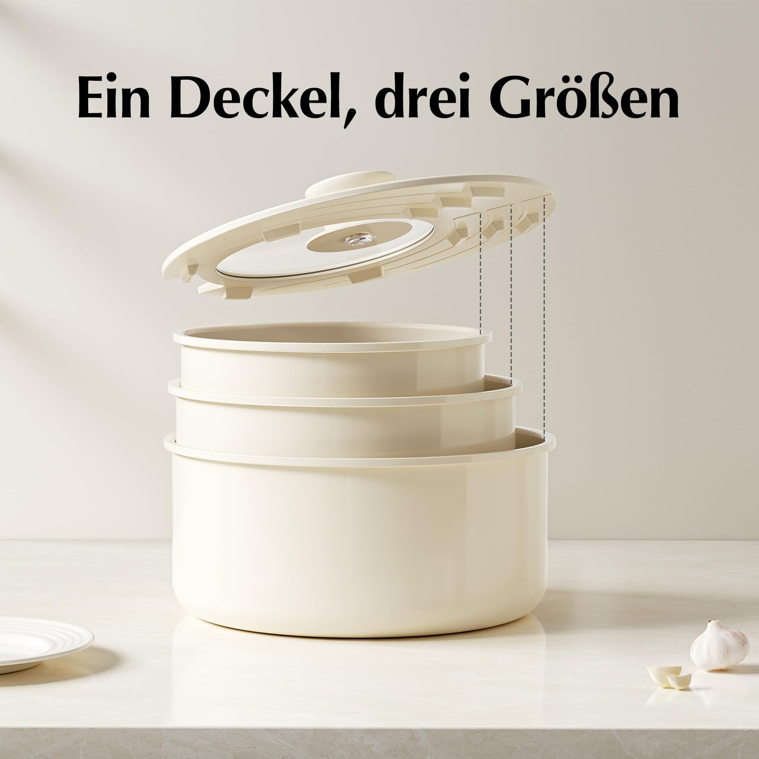 Redchef Töpfe Set mit Abnehmbaren Griffen, Antihaft Keramik Topfset 16/18/20cm und 3-IN-1 Verschlussdeckel, Kochtöpfe Induktions für Alle Herdarten, Ofenfest