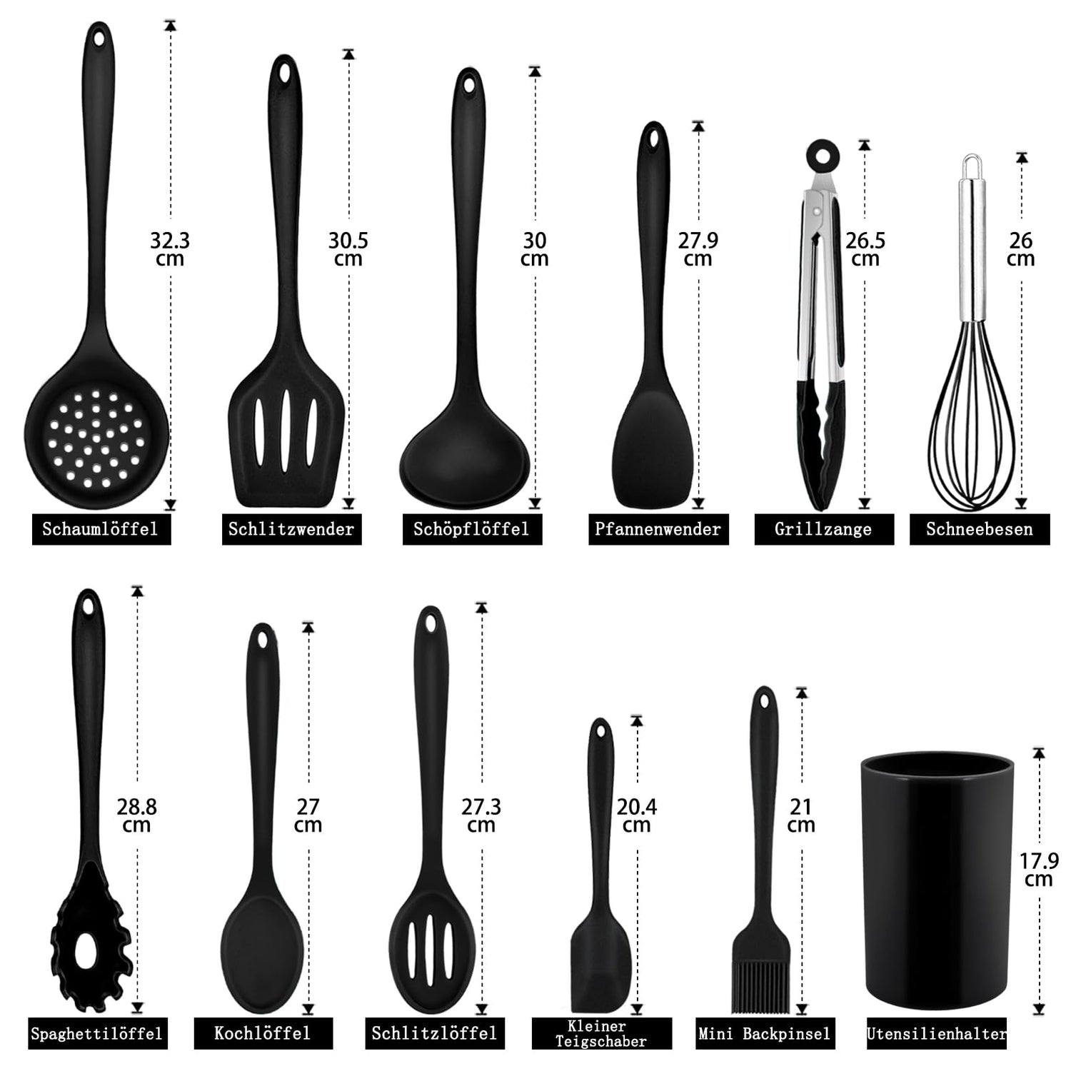 Homikit Silikon Küchenhelfer Set, 12 Stück Schwarz Kochutensilien Kochgeschirr, Hitzebeständiger Kochbesteck Set mit Utensilienhalter, Gesund & Antihaft, Spülmaschinengeeignet