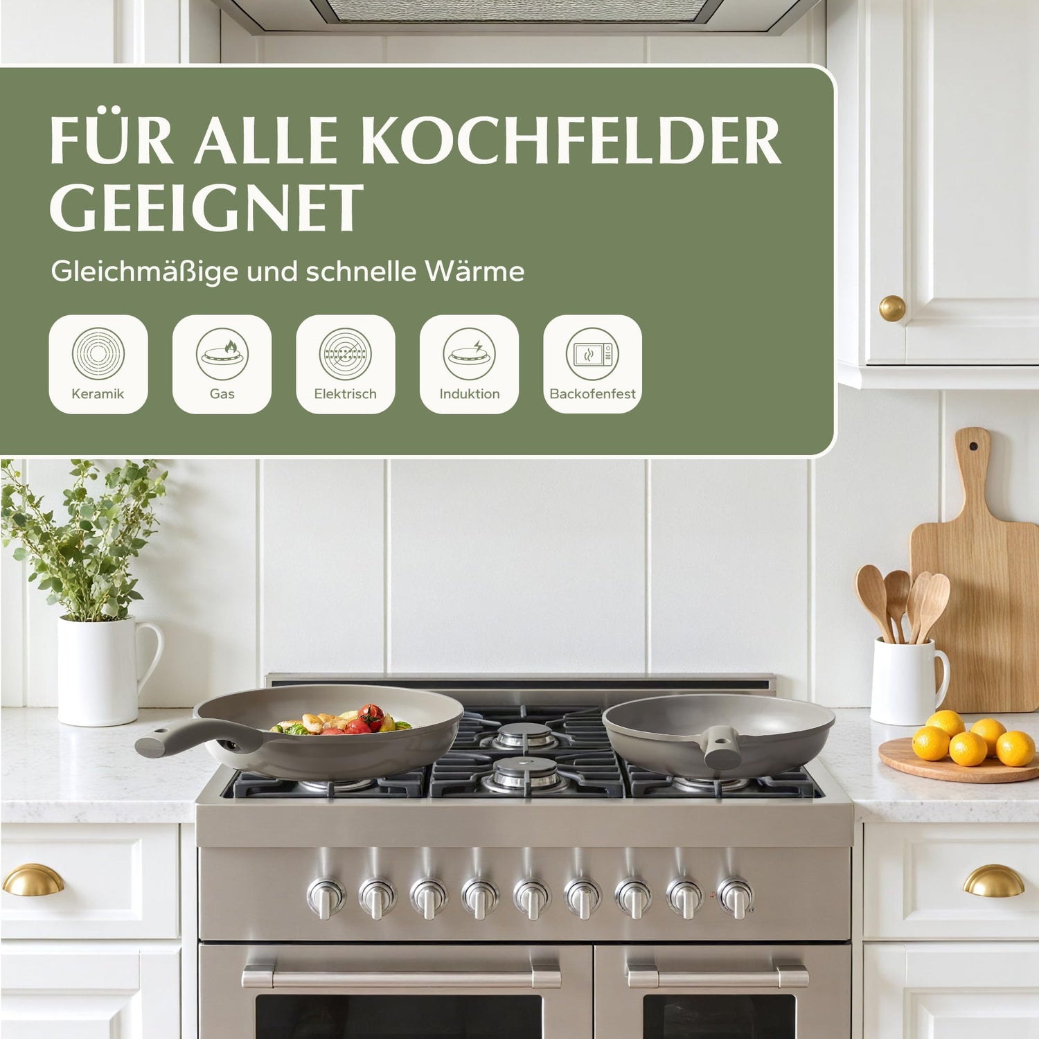 Redchef Keramik Topfset Induktion, Topfsets Pfannenset Kochgeschirr-Set 11-teiliges, Induktions Töpfe Set mit Glasdeckel, PTFE-frei PFAS-frei für alle Herdarten geeignet, Spülmaschinenfest (Beige)
