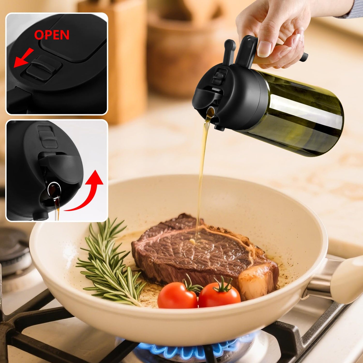 SWEET VIEW Olivenölspender und Ölsprüher – 470 ml Glas, lichtdichter Ölausgießer für Küche, Luftfritteuse, Kochen, Salat und BBQ