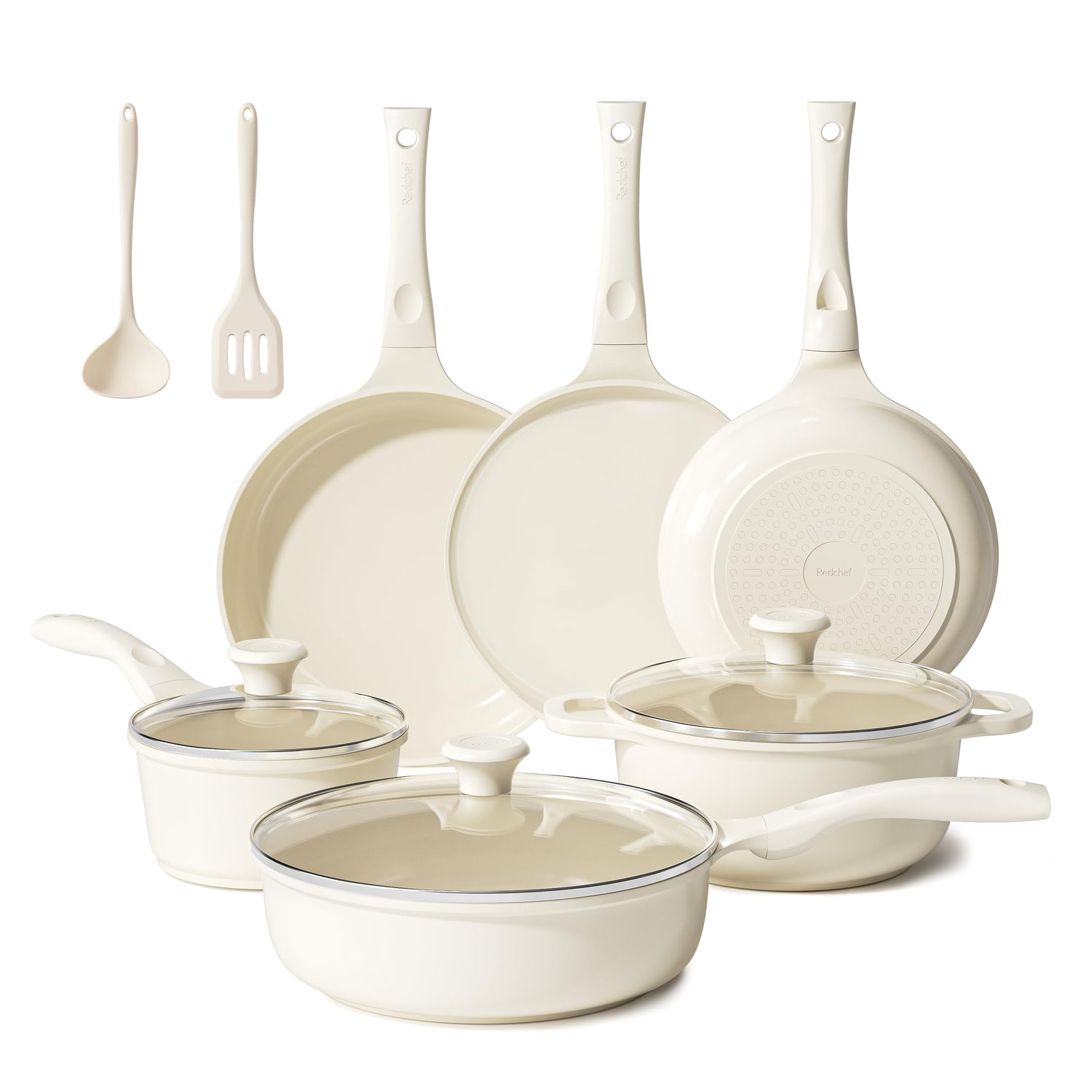 Redchef Keramik Topfset Induktion, Topfsets Pfannenset Kochgeschirr-Set 11-teiliges, Induktions Töpfe Set mit Glasdeckel, PTFE-frei PFAS-frei für alle Herdarten geeignet, Spülmaschinenfest (Beige)