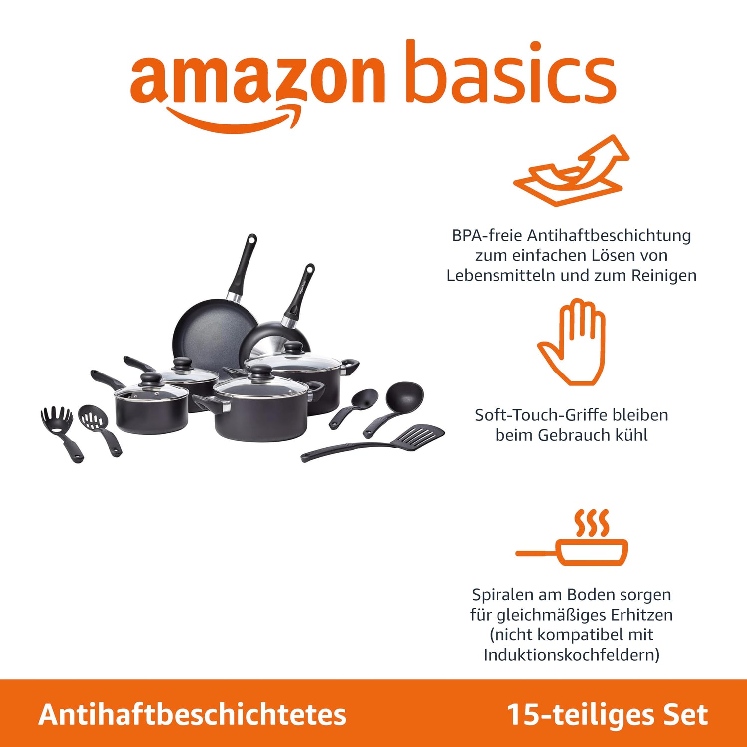 Amazon Basics 15-teiliges Kochgeschirr mit Antihaftbeschichtung, Schwarz