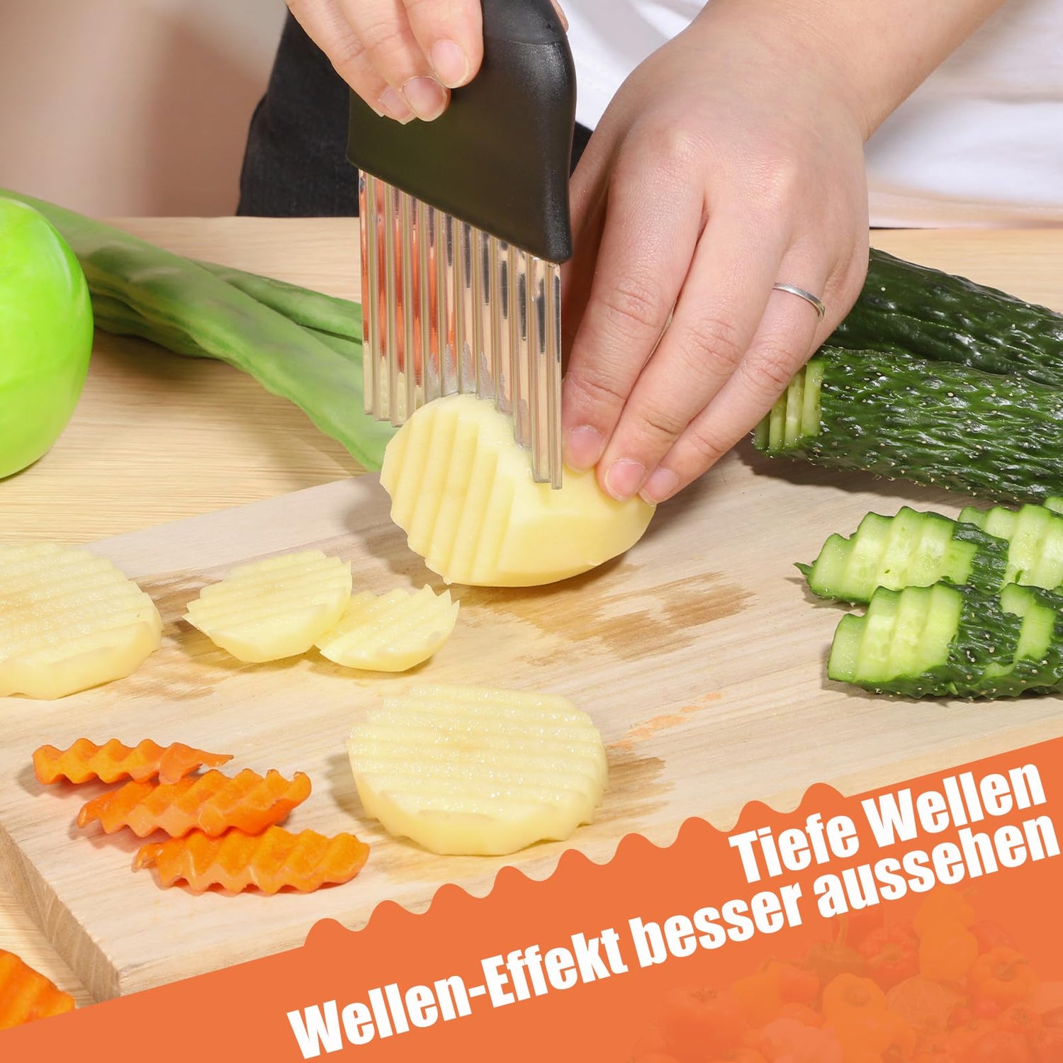 Wellenschneider,14x9,5 cm Riffelmesser Wellenmesser Kinder Wellenschnittmesser Gurkenschneider Pommesschneider Kartoffelschneider Beikost Zubehör Edelstahl für Pommes Kartoffeln Gemüse Obst Gurken