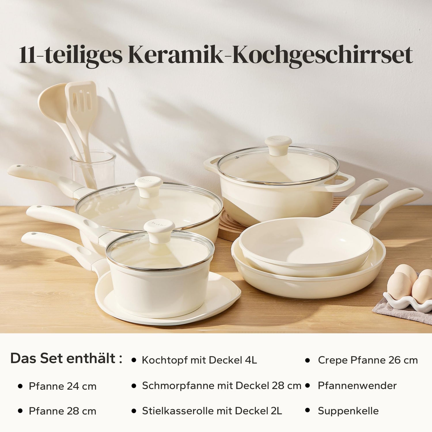 Redchef Keramik Topfset Induktion, Topfsets Pfannenset Kochgeschirr-Set 11-teiliges, Induktions Töpfe Set mit Glasdeckel, PTFE-frei PFAS-frei für alle Herdarten geeignet, Spülmaschinenfest (Beige)