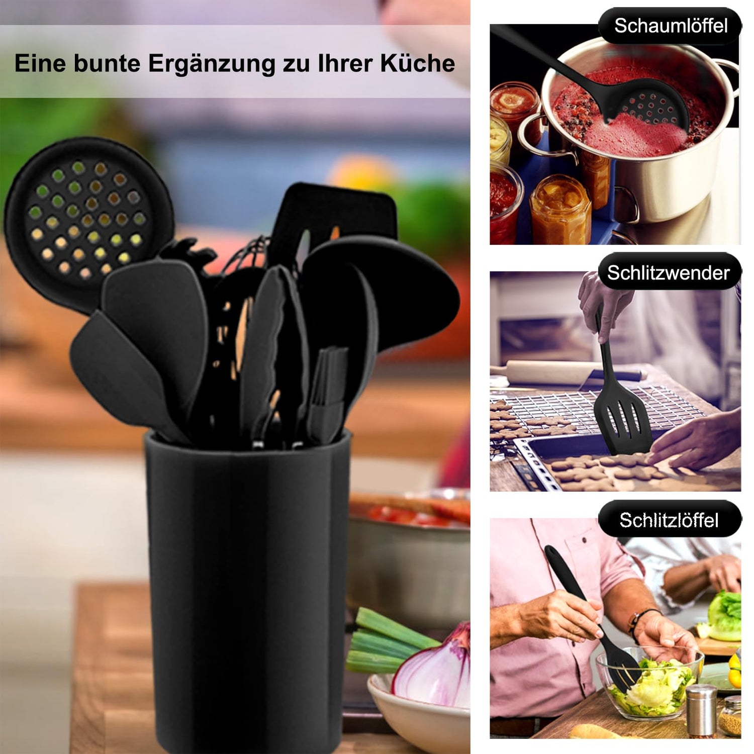 Homikit Silikon Küchenhelfer Set, 12 Stück Schwarz Kochutensilien Kochgeschirr, Hitzebeständiger Kochbesteck Set mit Utensilienhalter, Gesund & Antihaft, Spülmaschinengeeignet
