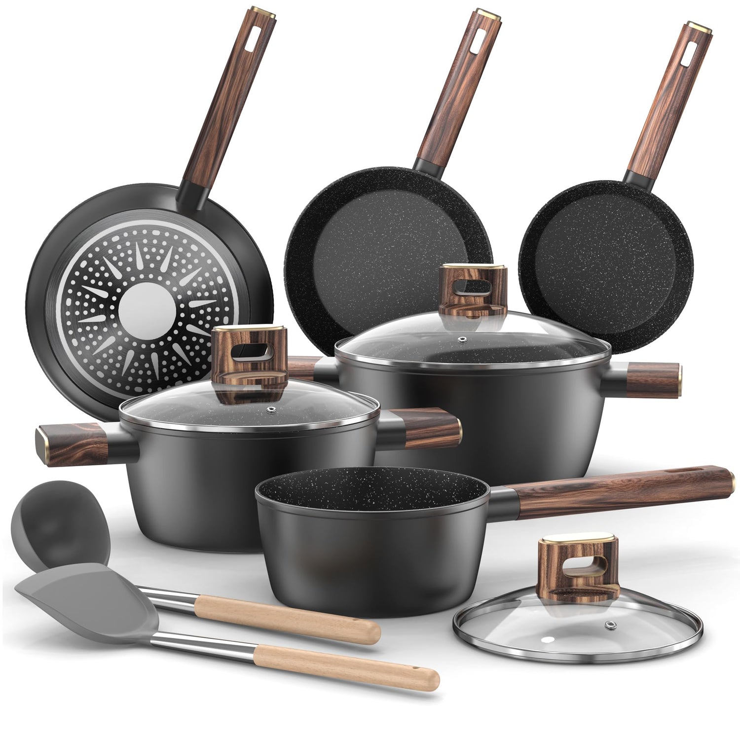 Topfset Pfannenset 11-teiliges - Kochtopf Set Induktion Antihaft-Kochgeschirr Töpfe Set aus Aluminium, Pfanne 20/28cm, Tiefe Bratpfanne 24cm, Kochtöpfe mit Deckel 16/20/24cm, PFOA-, PFOS-frei Topbooc