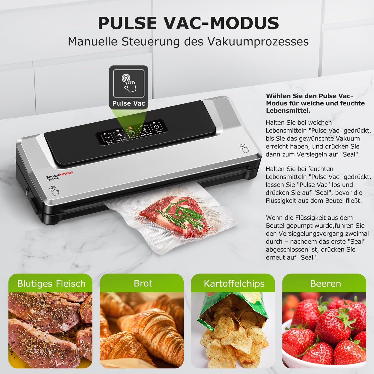 Bonsenkitchen Vakuumiergerät, Vakuumierer Folienschweißgerät für Sous Vide Kochen und Lebensmittel Bleiben bis zu 6x Länger Frisch, 5 Vakuumbeutel Inklusive (Sliber)