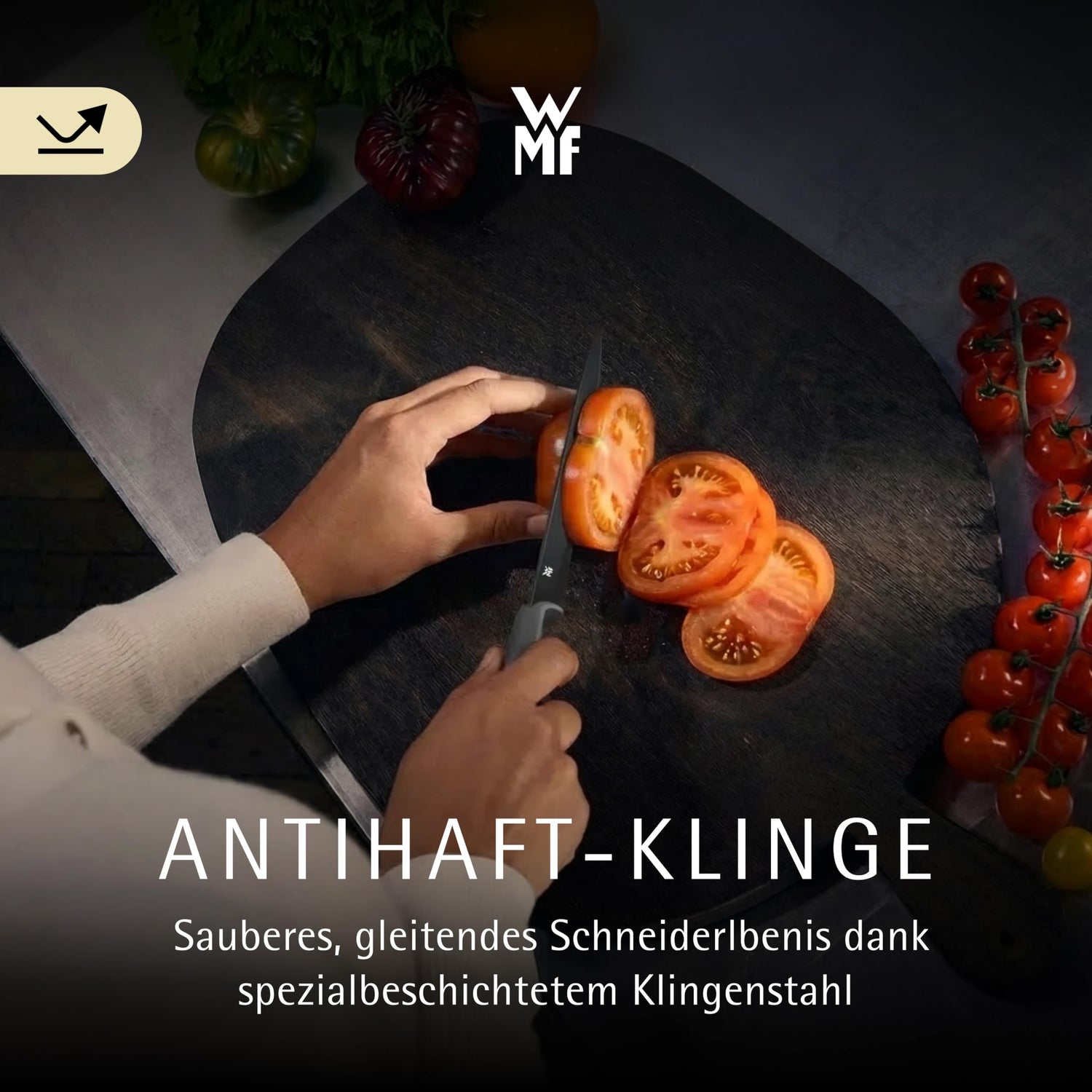 WMF Touch Messerset 2-teilig – scharfes Küchenmesser-Set aus Spezialklingenstahl, antihaftbeschichtet und ergonomisch geformt, mit Schutzhüllen, bestehend aus Kochmesser und Gemüsemesser, schwarz