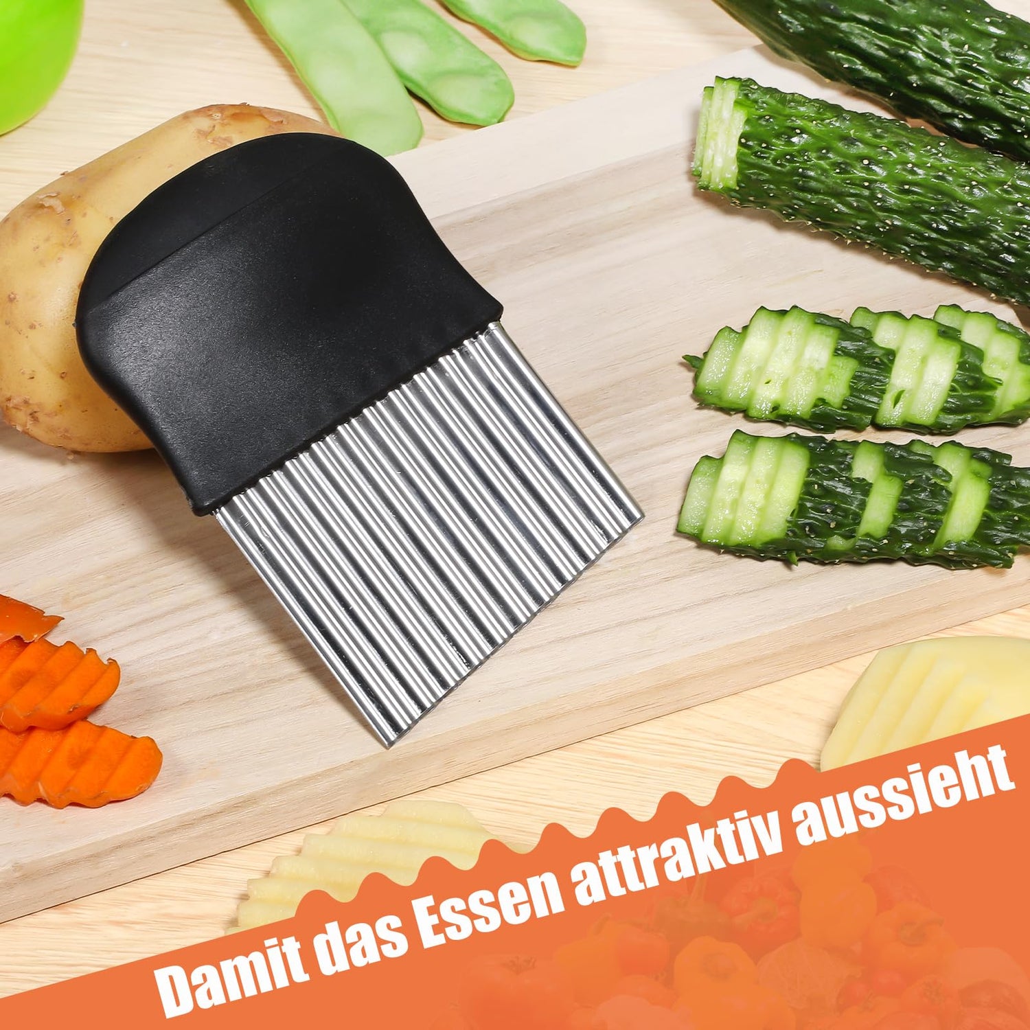 Wellenschneider,14x9,5 cm Riffelmesser Wellenmesser Kinder Wellenschnittmesser Gurkenschneider Pommesschneider Kartoffelschneider Beikost Zubehör Edelstahl für Pommes Kartoffeln Gemüse Obst Gurken