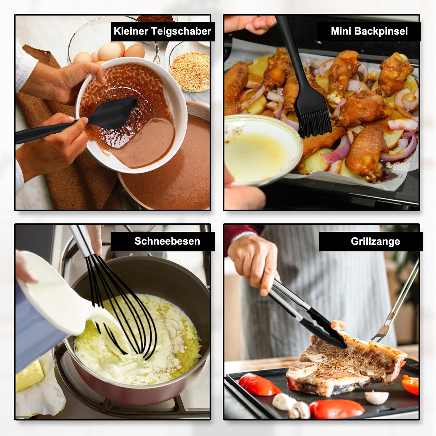 Homikit Silikon Küchenhelfer Set, 12 Stück Schwarz Kochutensilien Kochgeschirr, Hitzebeständiger Kochbesteck Set mit Utensilienhalter, Gesund & Antihaft, Spülmaschinengeeignet