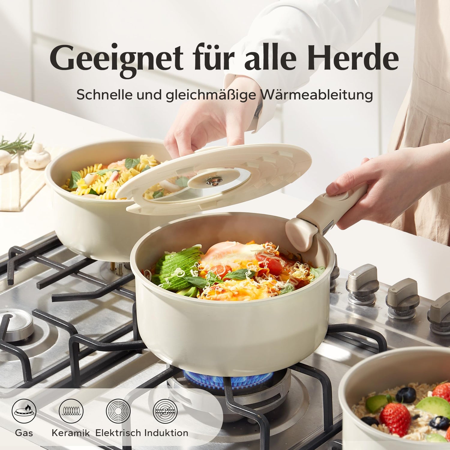 Redchef Töpfe Set mit Abnehmbaren Griffen, Antihaft Keramik Topfset 16/18/20cm und 3-IN-1 Verschlussdeckel, Kochtöpfe Induktions für Alle Herdarten, Ofenfest