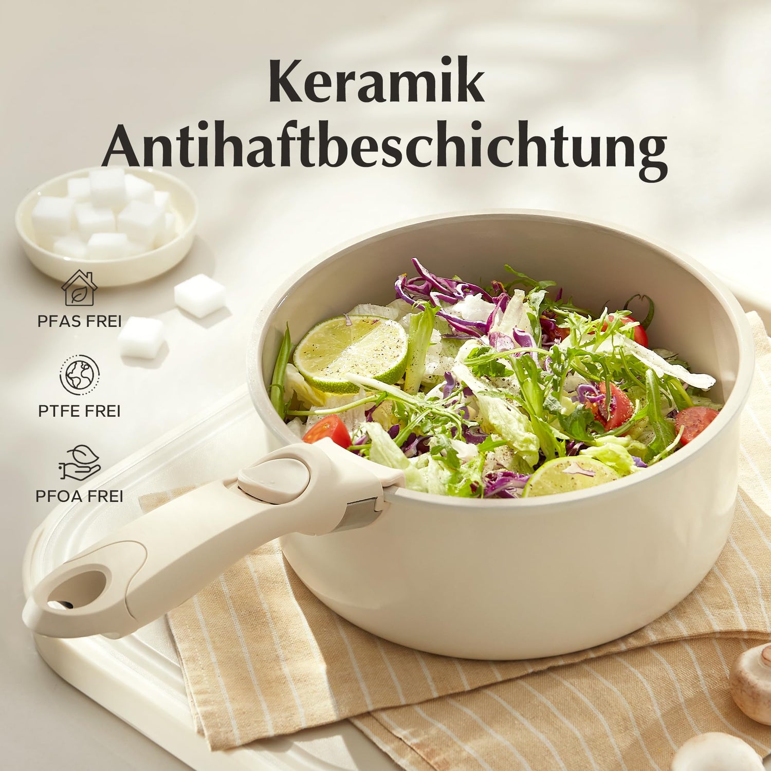 Redchef Töpfe Set mit Abnehmbaren Griffen, Antihaft Keramik Topfset 16/18/20cm und 3-IN-1 Verschlussdeckel, Kochtöpfe Induktions für Alle Herdarten, Ofenfest