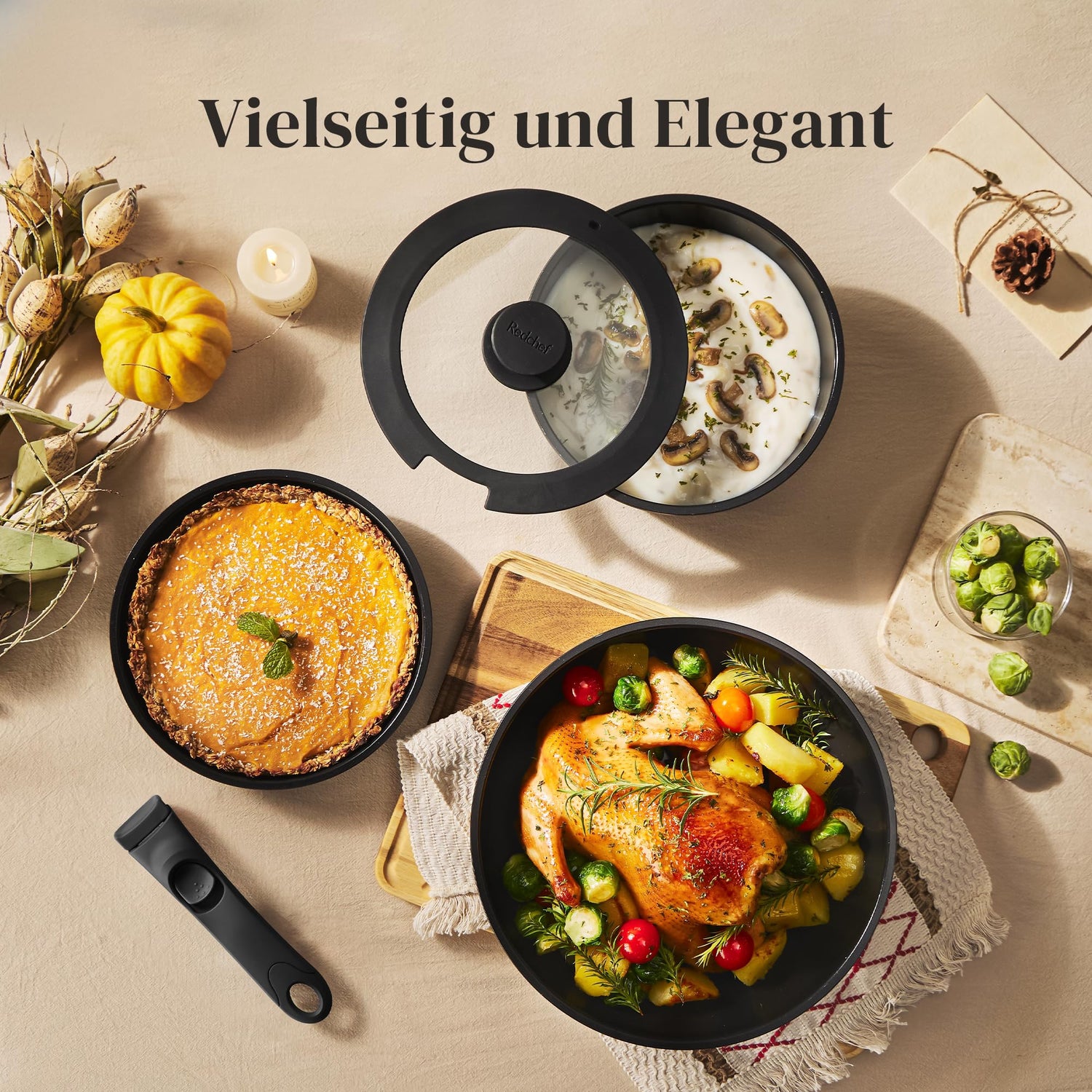 Redchef Topfsets Pfannenset, 16-Teilig mit Abnehmbaren Griffen, Antihaft-Keramik-Kochgeschirr-Set, Pfanne 20+26cm, Tiefe Bratpfanne 26cm, Topf 18+20cm, Stapelbar Topfset Für alle Herdarten, Ofenfest