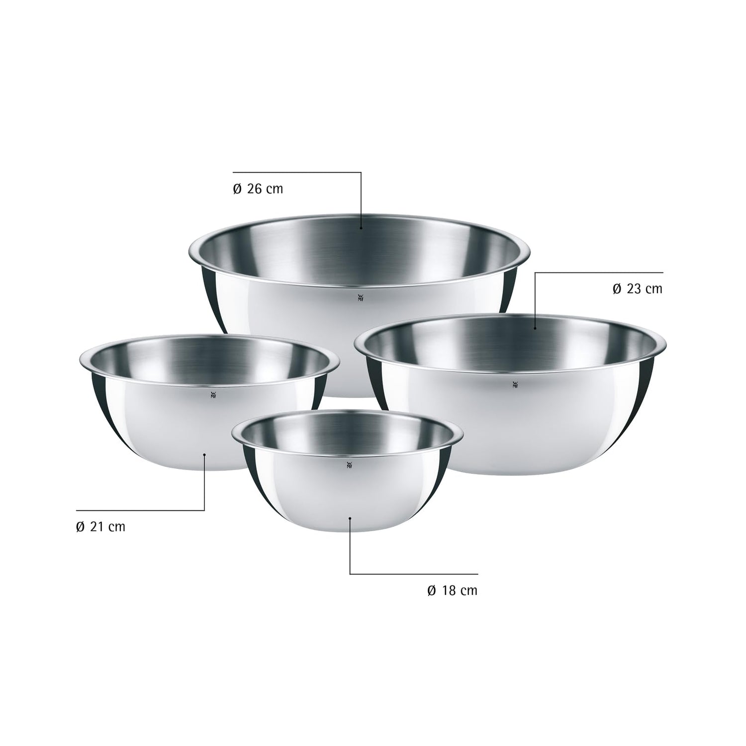 WMF Gourmet Schüsselset 4-teilig, Edelstahl Schüsseln für die Küche 0,75l - 2,75l, Rührschüssel Edelstahl, Salatschüssel, Servierschüssel, Cromargan, stapelbar