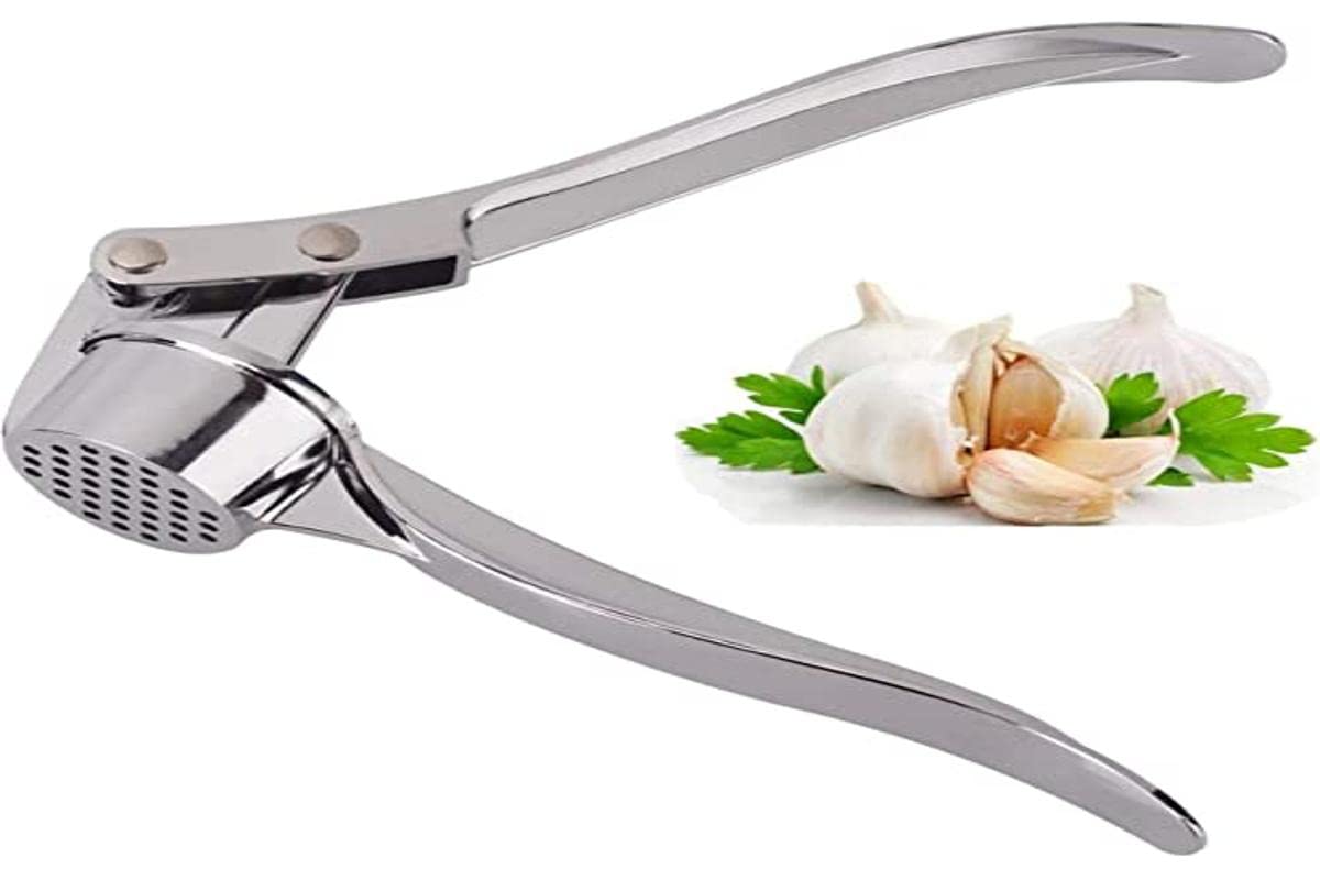Jsdoin Knoblauchpresse, Knoblauchschneider Garlic Press, Knoblauch Crusher Praktischer Küchenhelfer Spülmaschinenfest Robust, Zink, Silber