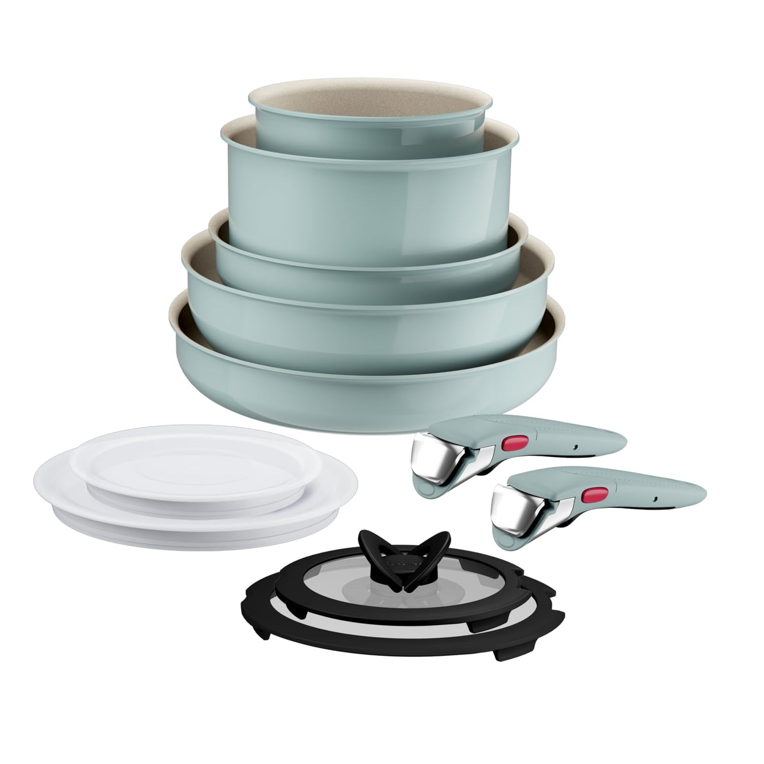Tefal Ingenio Serenity Kochgeschirr-Set 11-teilig – stapelbar und platzsparendes Set aus Aluminium, Mineralia Antihaftversiegelung, abnehmbarer Griff, für alle Herdarten inkl. Induktion, Eucalyptus