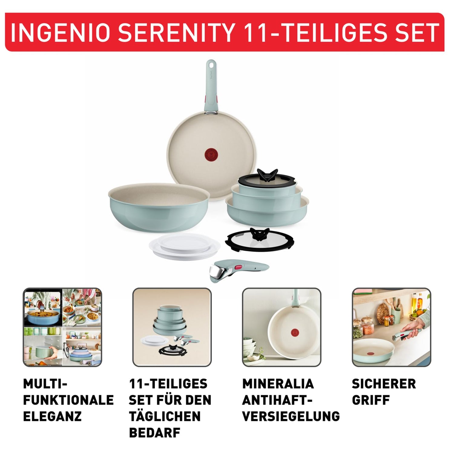 Tefal Ingenio Serenity Kochgeschirr-Set 11-teilig – stapelbar und platzsparendes Set aus Aluminium, Mineralia Antihaftversiegelung, abnehmbarer Griff, für alle Herdarten inkl. Induktion, Eucalyptus
