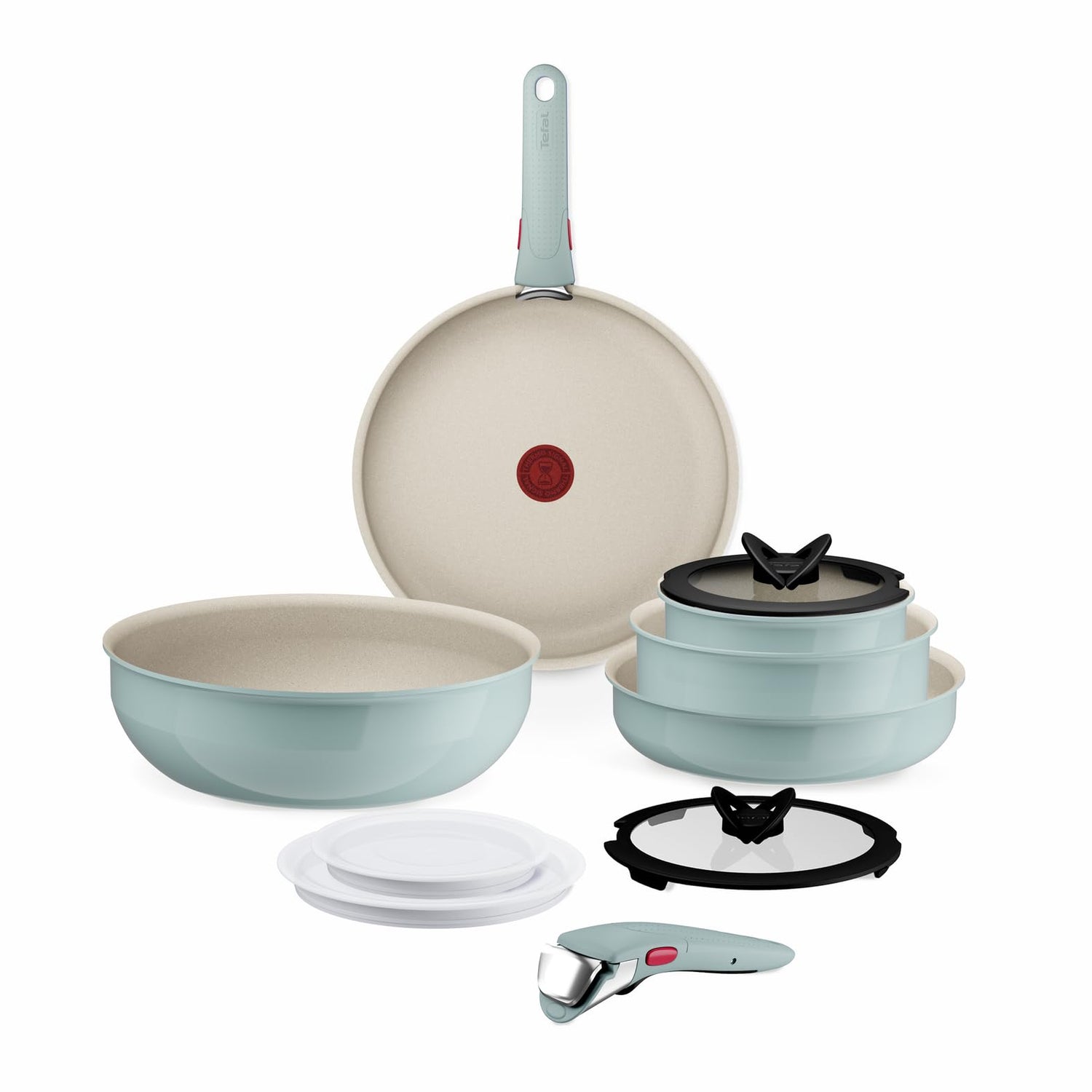 Tefal Ingenio Serenity Kochgeschirr-Set 11-teilig – stapelbar und platzsparendes Set aus Aluminium, Mineralia Antihaftversiegelung, abnehmbarer Griff, für alle Herdarten inkl. Induktion, Eucalyptus