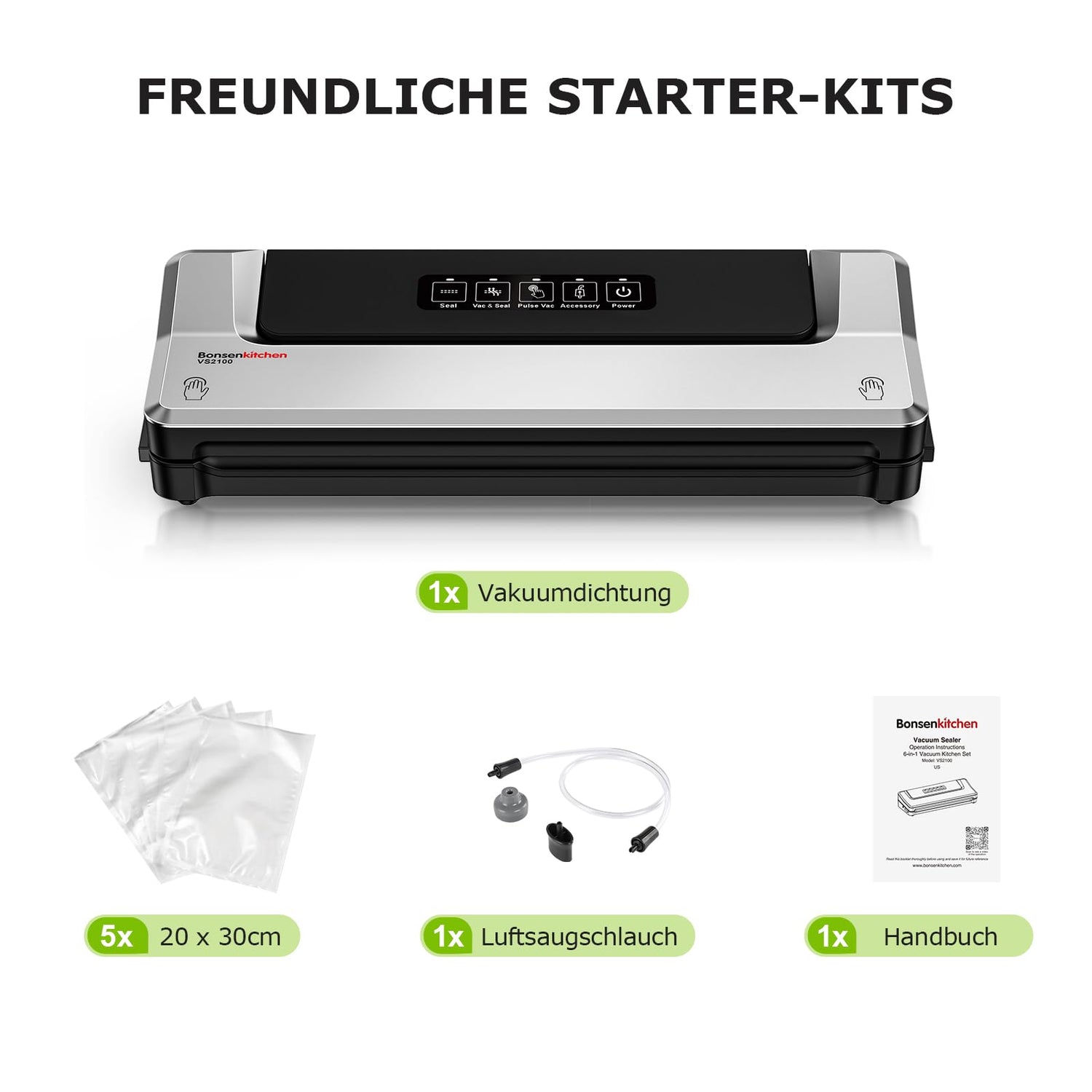 Bonsenkitchen Vakuumiergerät, Vakuumierer Folienschweißgerät für Sous Vide Kochen und Lebensmittel Bleiben bis zu 6x Länger Frisch, 5 Vakuumbeutel Inklusive (Sliber)