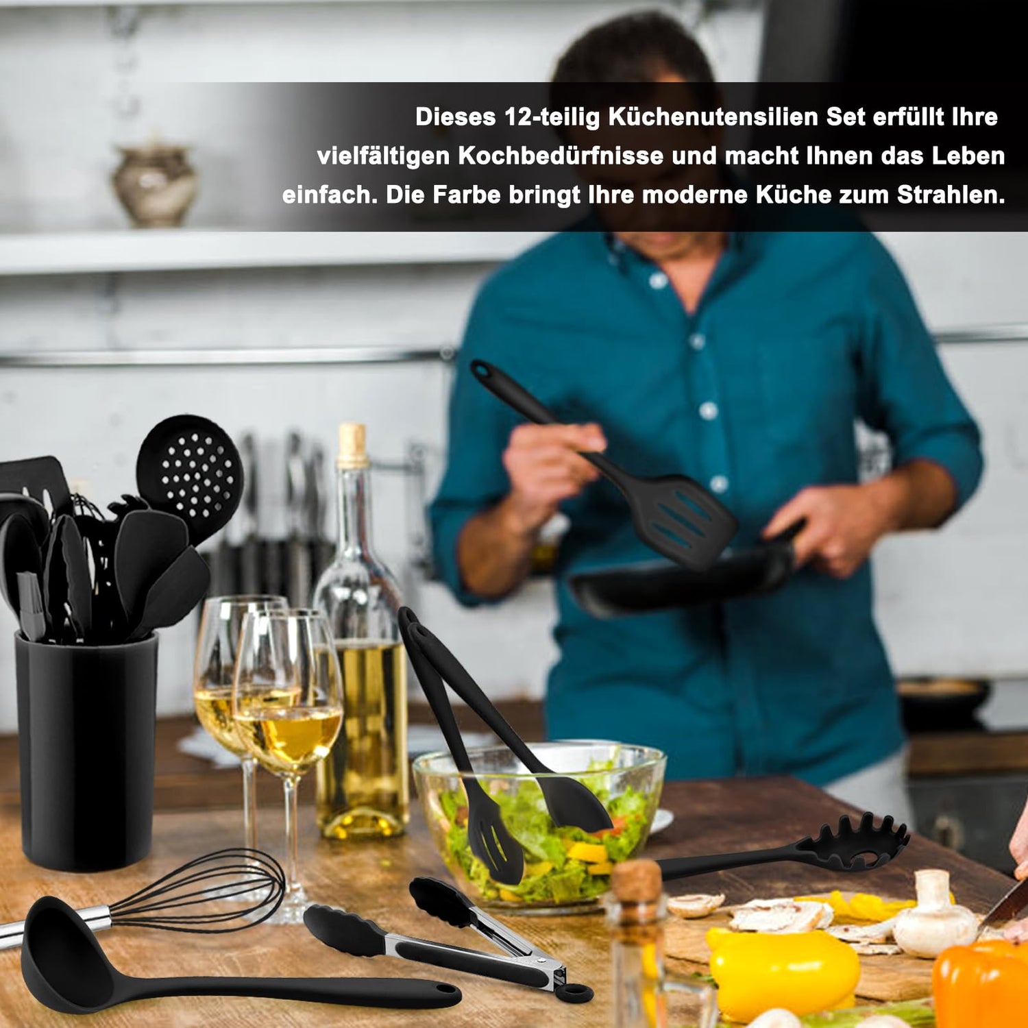 Homikit Silikon Küchenhelfer Set, 12 Stück Schwarz Kochutensilien Kochgeschirr, Hitzebeständiger Kochbesteck Set mit Utensilienhalter, Gesund & Antihaft, Spülmaschinengeeignet