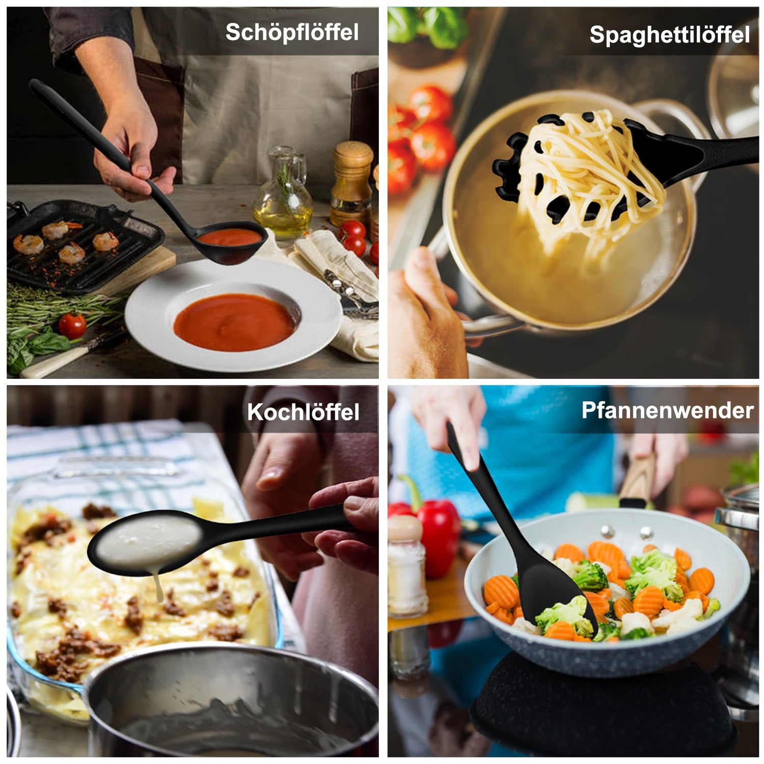 Homikit Silikon Küchenhelfer Set, 12 Stück Schwarz Kochutensilien Kochgeschirr, Hitzebeständiger Kochbesteck Set mit Utensilienhalter, Gesund & Antihaft, Spülmaschinengeeignet