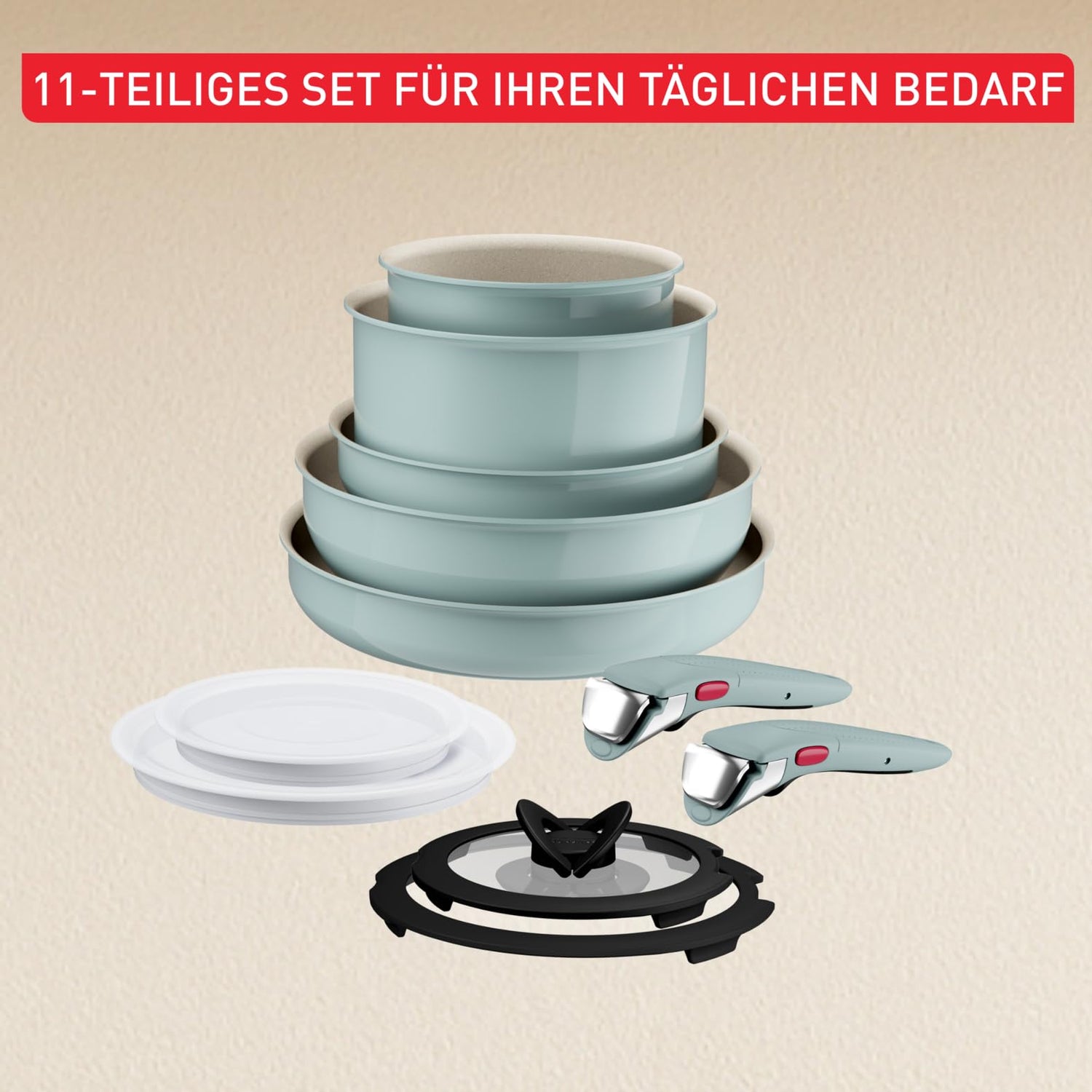 Tefal Ingenio Serenity Kochgeschirr-Set 11-teilig – stapelbar und platzsparendes Set aus Aluminium, Mineralia Antihaftversiegelung, abnehmbarer Griff, für alle Herdarten inkl. Induktion, Eucalyptus