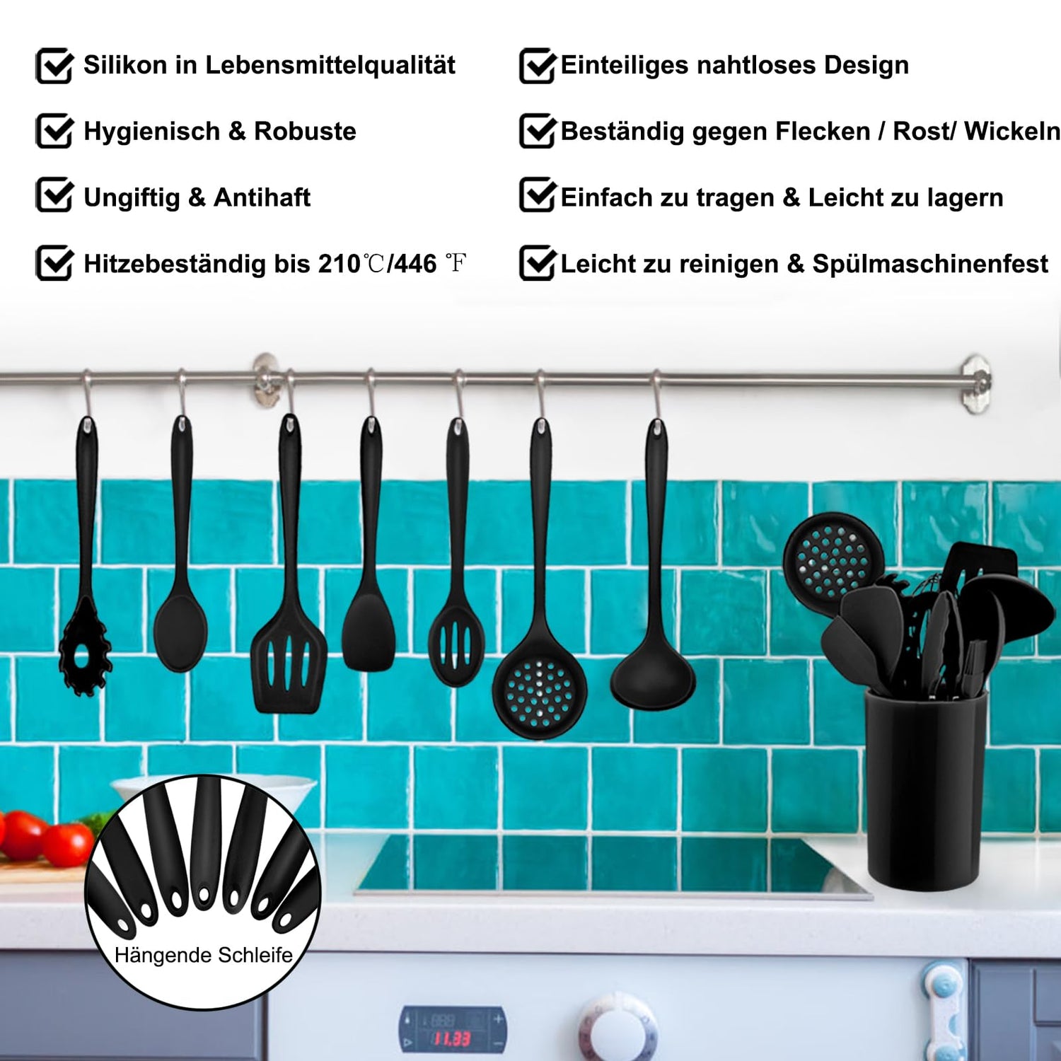 Homikit Silikon Küchenhelfer Set, 12 Stück Schwarz Kochutensilien Kochgeschirr, Hitzebeständiger Kochbesteck Set mit Utensilienhalter, Gesund & Antihaft, Spülmaschinengeeignet