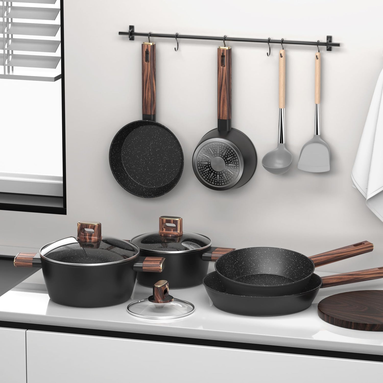 Topfset Pfannenset 11-teiliges - Kochtopf Set Induktion Antihaft-Kochgeschirr Töpfe Set aus Aluminium, Pfanne 20/28cm, Tiefe Bratpfanne 24cm, Kochtöpfe mit Deckel 16/20/24cm, PFOA-, PFOS-frei Topbooc