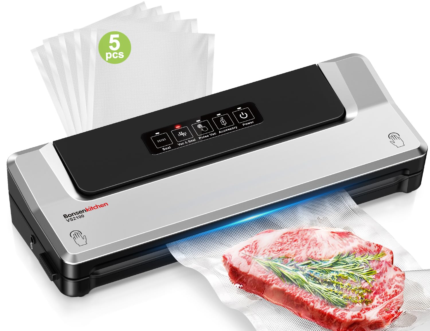 Bonsenkitchen Vakuumiergerät, Vakuumierer Folienschweißgerät für Sous Vide Kochen und Lebensmittel Bleiben bis zu 6x Länger Frisch, 5 Vakuumbeutel Inklusive (Sliber)