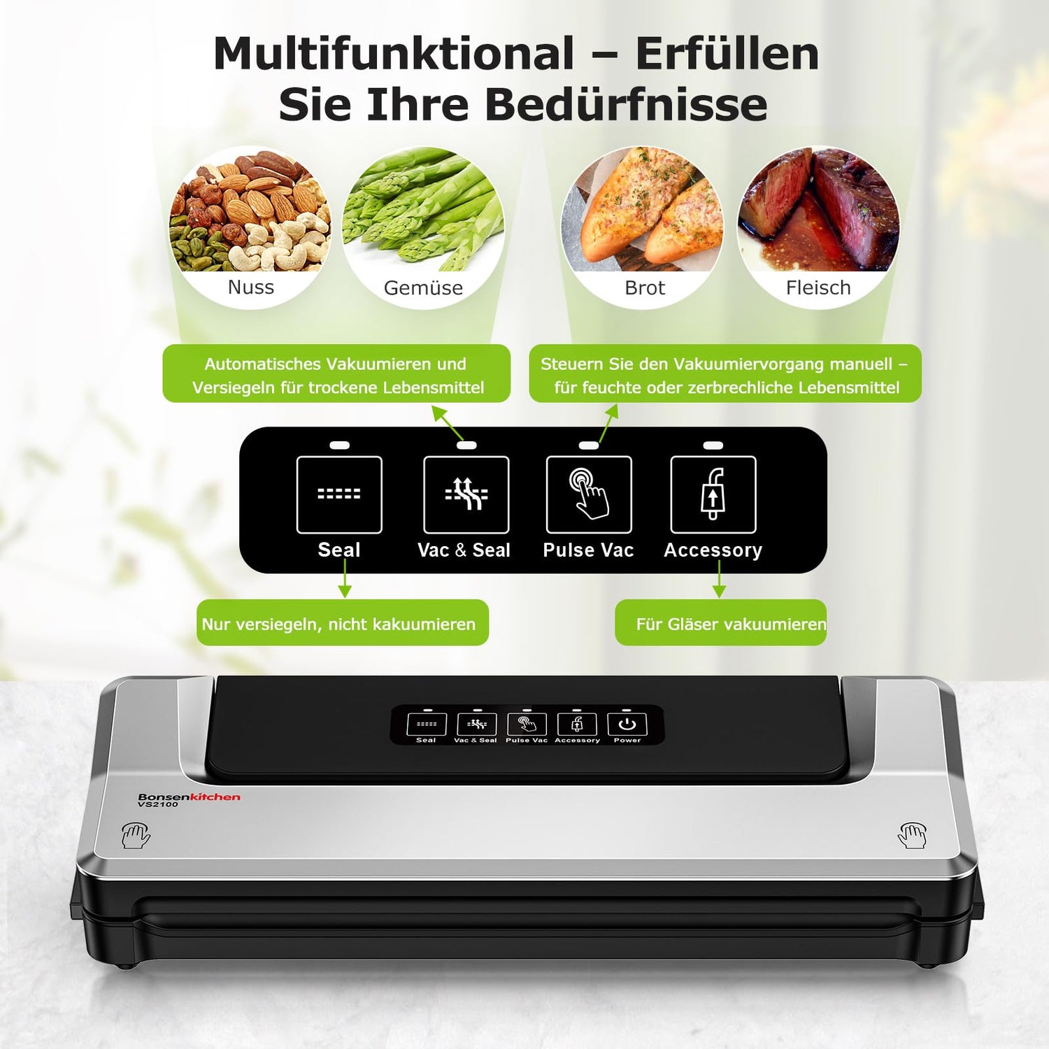Bonsenkitchen Vakuumiergerät, Vakuumierer Folienschweißgerät für Sous Vide Kochen und Lebensmittel Bleiben bis zu 6x Länger Frisch, 5 Vakuumbeutel Inklusive (Sliber)