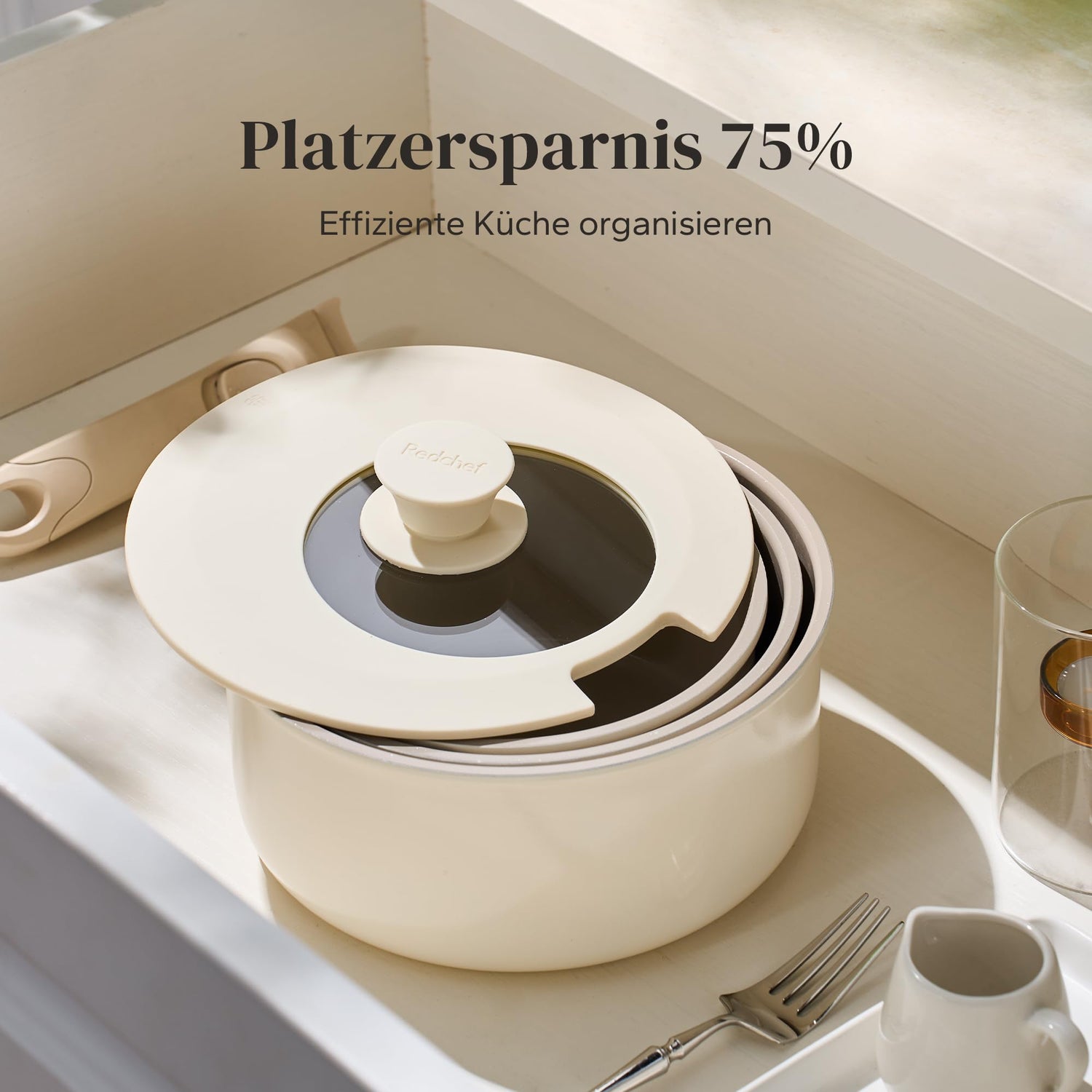 Redchef Töpfe Set mit Abnehmbaren Griffen, Antihaft Keramik Topfset 16/18/20cm und 3-IN-1 Verschlussdeckel, Kochtöpfe Induktions für Alle Herdarten, Ofenfest