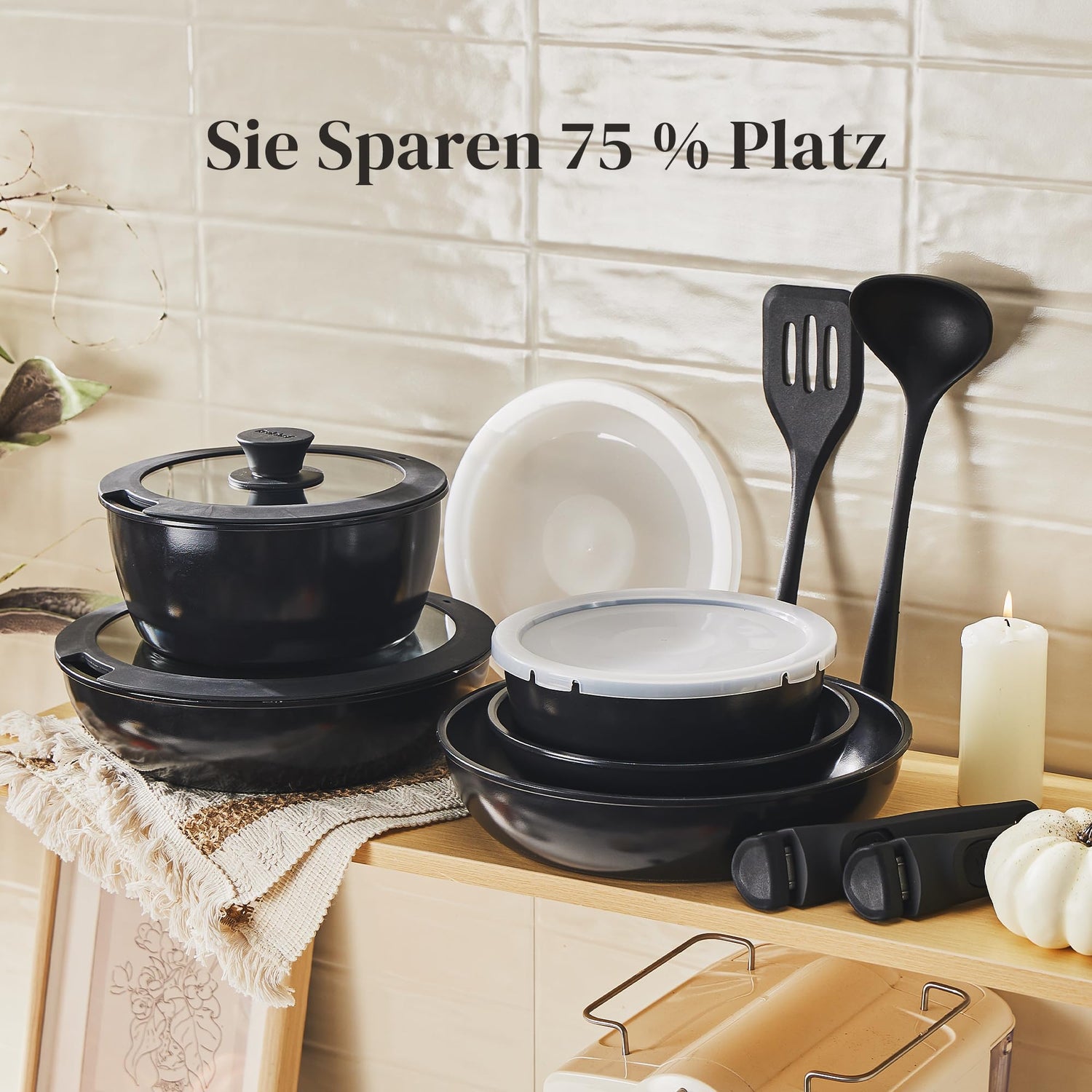 Redchef Topfsets Pfannenset, 16-Teilig mit Abnehmbaren Griffen, Antihaft-Keramik-Kochgeschirr-Set, Pfanne 20+26cm, Tiefe Bratpfanne 26cm, Topf 18+20cm, Stapelbar Topfset Für alle Herdarten, Ofenfest