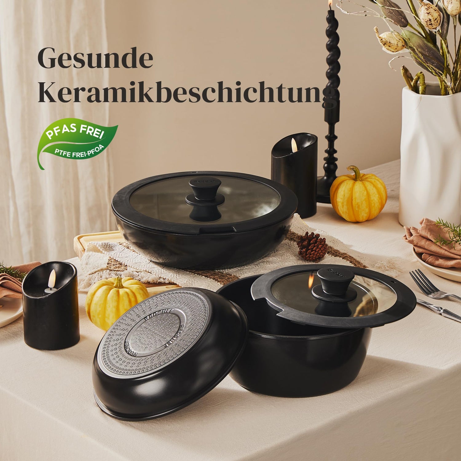 Redchef Topfsets Pfannenset, 16-Teilig mit Abnehmbaren Griffen, Antihaft-Keramik-Kochgeschirr-Set, Pfanne 20+26cm, Tiefe Bratpfanne 26cm, Topf 18+20cm, Stapelbar Topfset Für alle Herdarten, Ofenfest