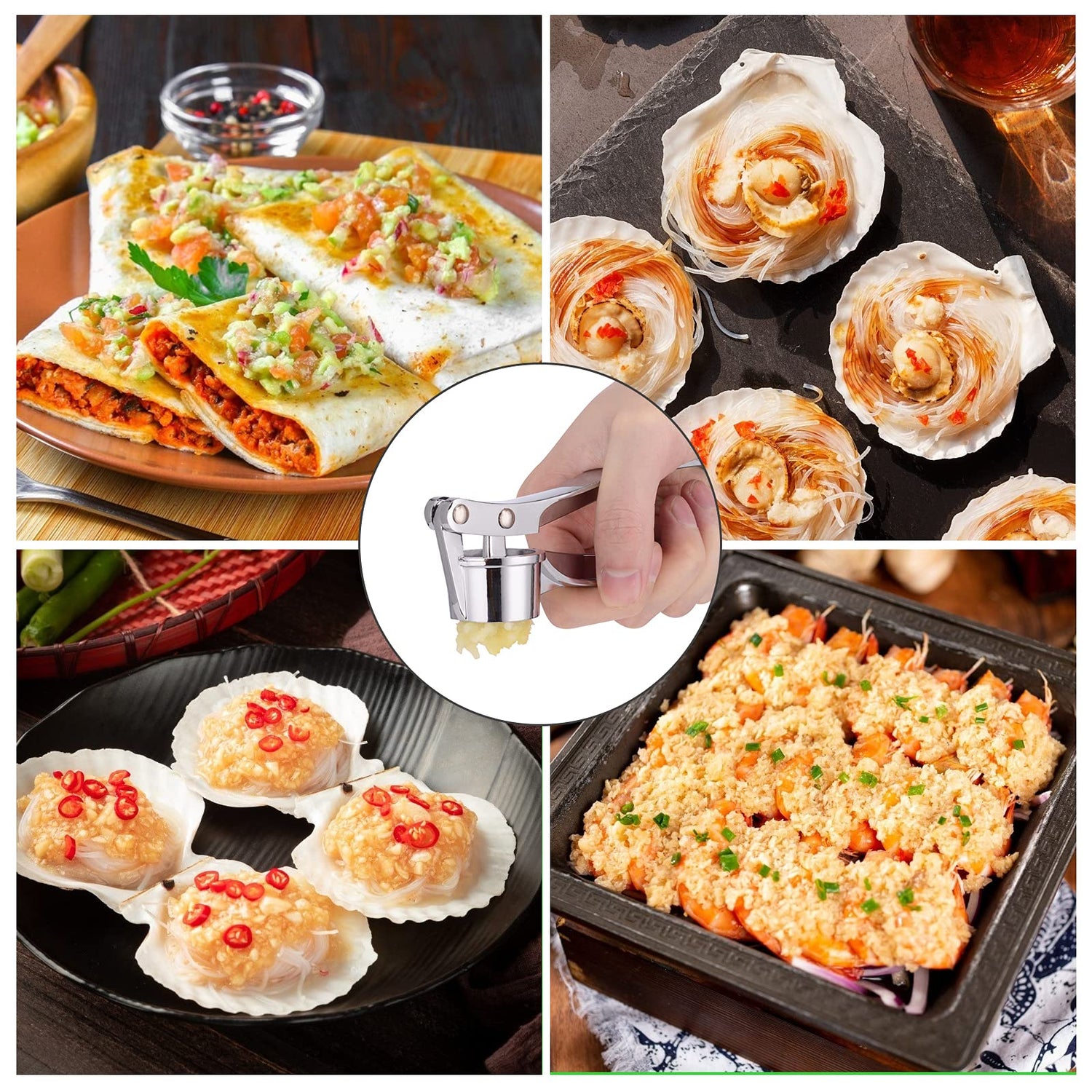 Jsdoin Knoblauchpresse, Knoblauchschneider Garlic Press, Knoblauch Crusher Praktischer Küchenhelfer Spülmaschinenfest Robust, Zink, Silber