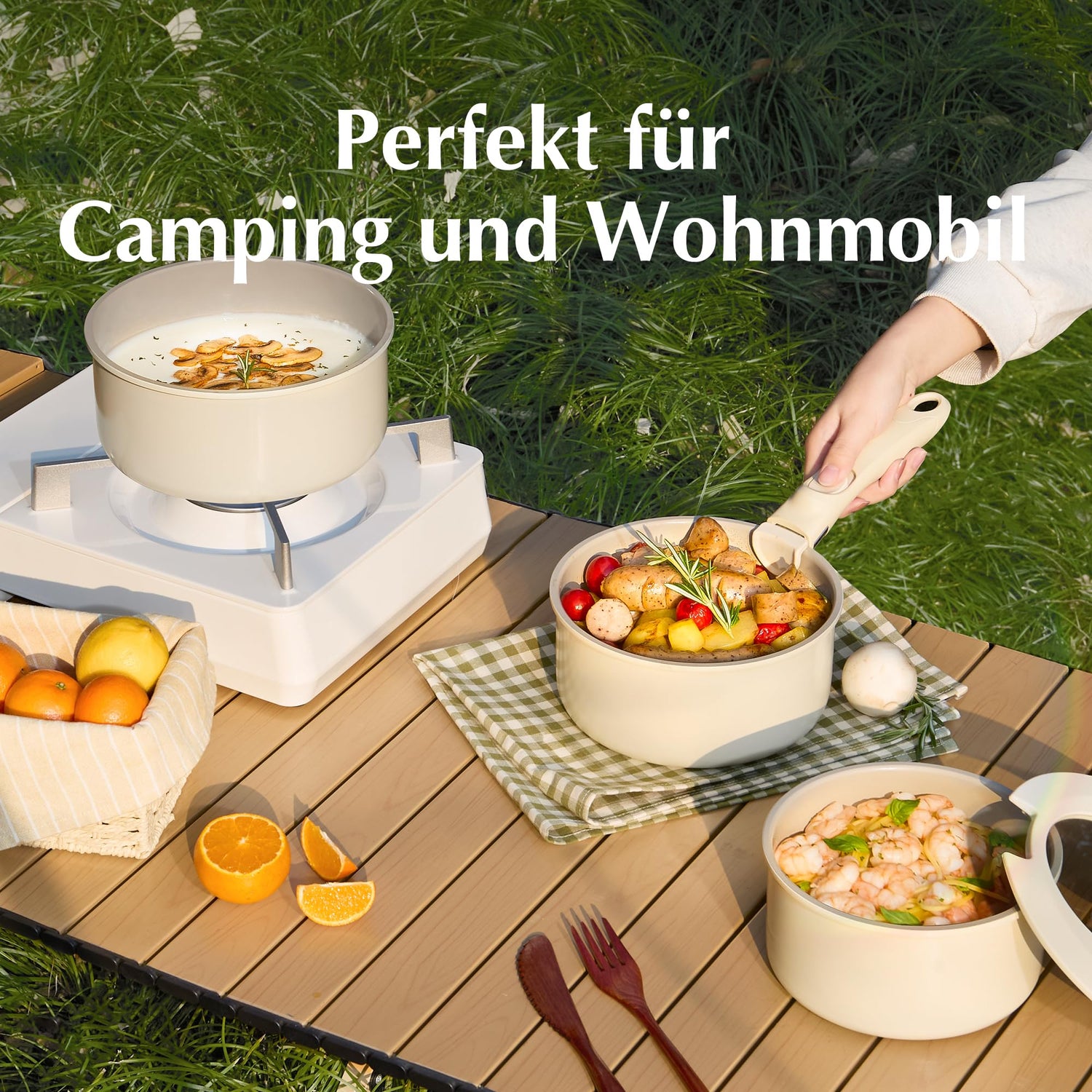 Redchef Töpfe Set mit Abnehmbaren Griffen, Antihaft Keramik Topfset 16/18/20cm und 3-IN-1 Verschlussdeckel, Kochtöpfe Induktions für Alle Herdarten, Ofenfest